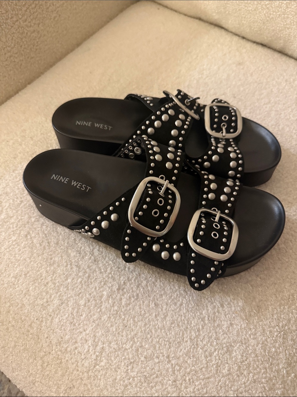 Nine West Black Studded Buckle Platform Slides